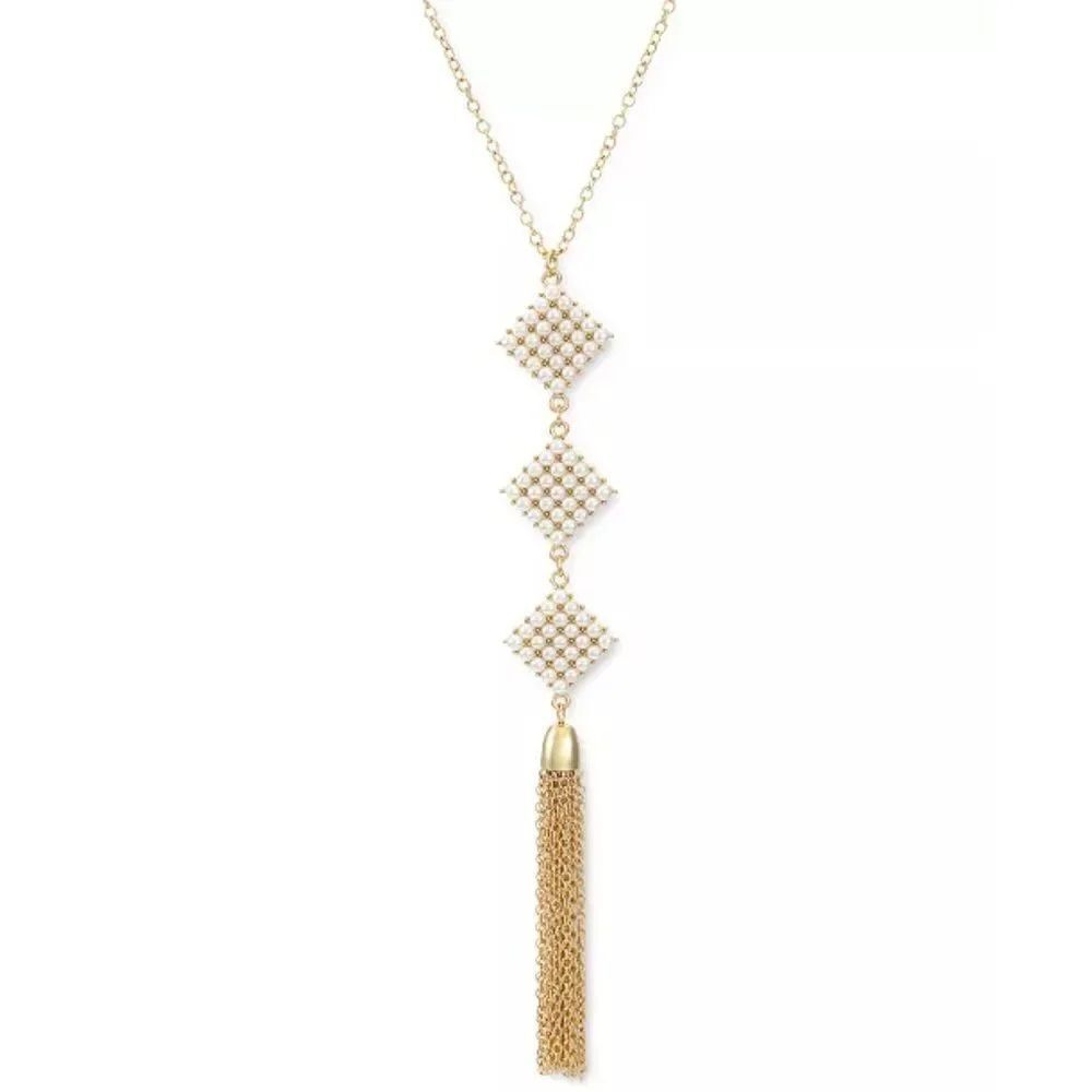 INC Gold-Tone Imitation Pearl Diamond Long Pendant Tassel Necklace 32" + 3" NWT